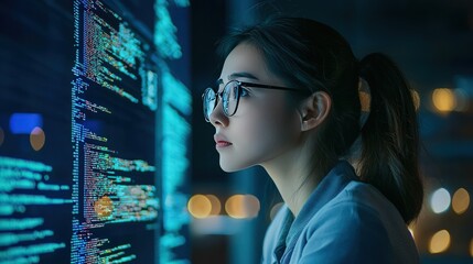 an asian businesswoman intensely focused on software development late at night, surrounded by dynami
