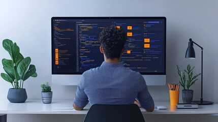 Full-stack developer working on cloud integration, coding in the background, modern software development process, very realistic
