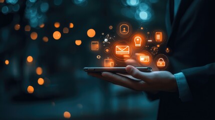 Wall Mural - a businessman holds a smartphone with glowing icons representing digital technology, innovation, and