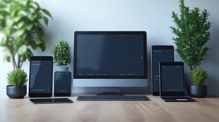 Wall Mural - responsive website design displayed on multiple devices, cross-platform compatibility, modern web de