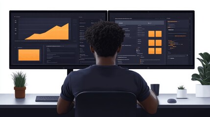 Programmer integrating API with website on a dual monitor setup, efficient web development process, advanced coding, very realistic