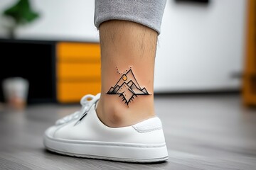 A minimal line art tattoo of a mountain range, sitting just above the ankle, capturing the serenity of nature