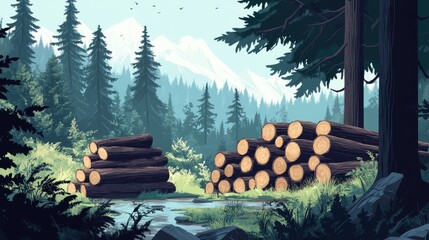 Illustrated pine forest with stacked logs, offering detailed and beautiful visuals of a peaceful outdoor scene.