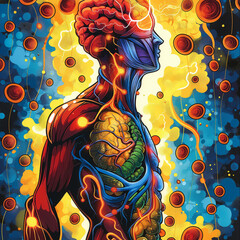 Wall Mural - A bright and colorful illustration of the human body, with nutrients circulating in the bloodstream, nourishing and energizing every cell and organ.
