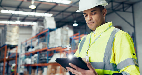 Poster - Logistics, tablet and supply chain with man in warehouse for distribution, freight or shipping. Export, delivery or cargo storage with digital checklist for customs compliance in inventory management