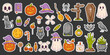 © Coxic25 - Halloween colorful sticker set, vector illustration. October scary, spooky collection. Pumpkin, sweets, ghost, spell book, witch hat, skull, bones, zombie hand. For print, scrapbooking, web design