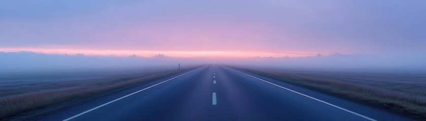 Wall Mural - Empty highway stretching into a misty horizon at dawn, creating a sense of anticipation and mystery, Misty Highway, Morning Journey