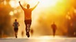 © Premreuthai - A runner celebrates victory during a morning jog, basking in the golden sunlight on a peaceful outdoor path.