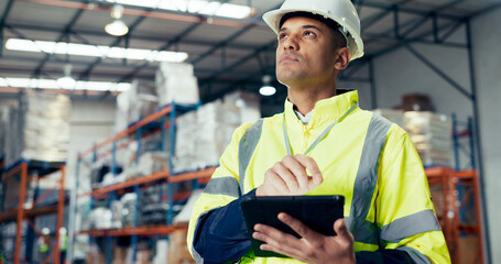 Canvas Print - Thinking, tablet and supply chain with man in warehouse for logistics, freight or shipping. Export, delivery or cargo storage with digital checklist for customs compliance in inventory management