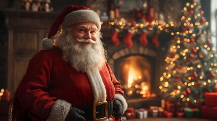 3D rendering of Santa Claus with his iconic red sack, standing in a cozy living room next to a fireplace and decorated tree, ready to deliver presents.