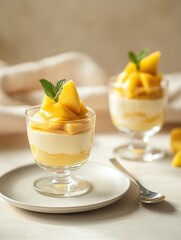 Wall Mural - Two cups of mango dessert topped with fresh fruit and mint leaves, served elegantly.