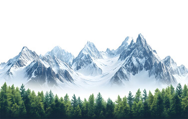 Panoramic Mountains with snow and forest isolated on transparent or white background, png