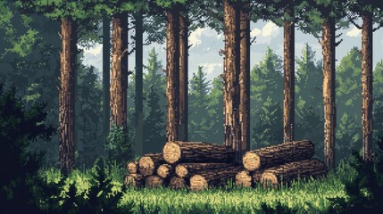 Pixel style pine forest with logs stacked neatly, offering a beautifully detailed and nostalgic take on a rustic woodland scene.