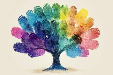 Creative representation of diversity with fingerprints forming a colorful tree, symbolizing unity and collective identity.