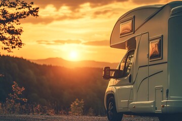 camper van parked on a mountain road enjoys a breathtaking sunset over the valley, with warm glow il