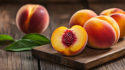 Wall Mural - Fruit on surface, woody backdrop