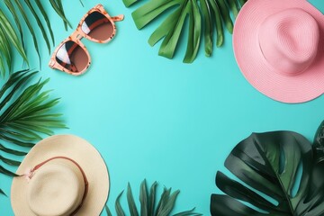 Wall Mural - Flat lay composition with summer accessories and tropical leaves on color background with generative ai