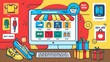 © DANIAL - Online Shopping Spree: A vibrant illustration of a computer screen showcasing an online store, surrounded by colorful icons of clothing, shoes, gifts, and discounts, evoking the excitement of e-commer