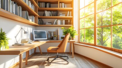 Sticker - Modern Home Office with Large Window and Desk.