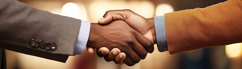 Two professionals shake hands in a warm business agreement, symbolizing partnership and cooperation in a corporate environment.