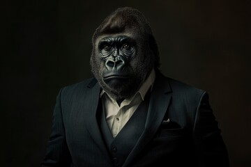 Gorilla like a human in suit. Portrait of a strong gorilla in a suit on a dark background with generative ai