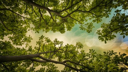 Full frame of green foliage on branches and bokeh background