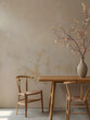 © tfk - home interior dining room with wood chair and wood table,vase with flowers 3d render. Generative Ai.
