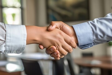 Foundational Business Interactions Warm handshakes initiate professional relationships, essential for building trust and rapport in a modern corporate environment.