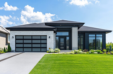 Modern home exterior with two rows of white stone and a black steel-framed garage door, large windows, green grass in the front yard, and a blue sky