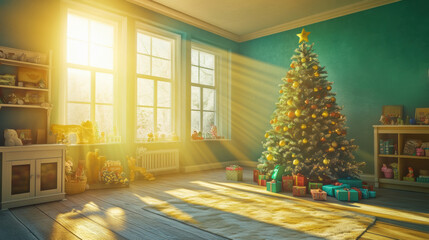 Canvas Print - A living room with a christmas tree and presents