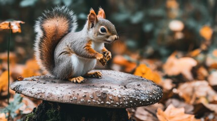 Poster - A squirrel sitting on top of a mushroom