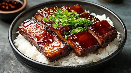 Wall Mural - there is a bowl of rice with meat and sauce on it