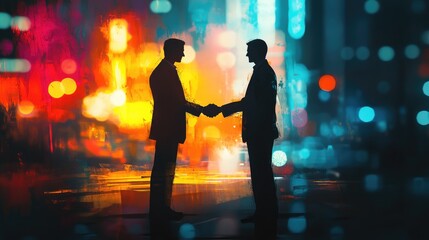 Wall Mural - Two businessmen shaking hands in front of a city lights background.