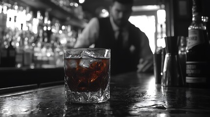 Wall Mural - there is a glass of soda sitting on a bar with a bartender behind it