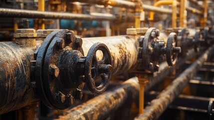 Close-up of several black valves on a row of rusty oil pipes.