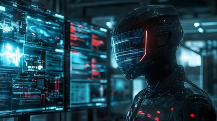Black-suited hacker with a digital visor mask in front of multiple data screens