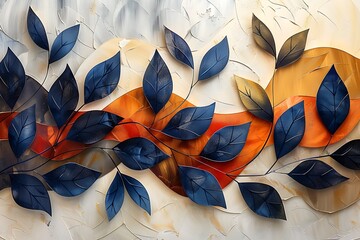 Wall Mural - there is a painting of leaves on a wall with a red ribbon