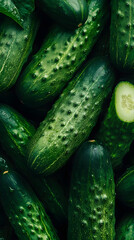 Wall Mural - Closeup, lots of fresh green cucumbers, healthy vegetable food bachground