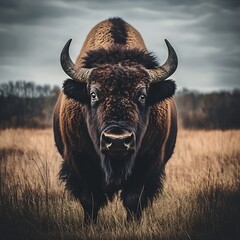 Wall Mural - there is a large buffalo standing in a field with a cloudy sky