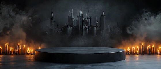 Poster - there is a large black platform in front of a castle with candles