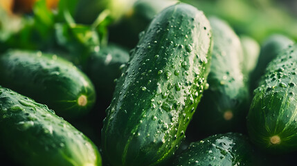 Wall Mural - Closeup, lots of fresh green cucumbers, healthy vegetable food bachground