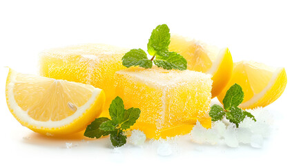 mint leaves and sliced of lemon, ice cubes and water drops