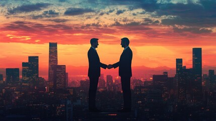 Two businessmen shaking hands against the backdrop of a cityscape at sunset.