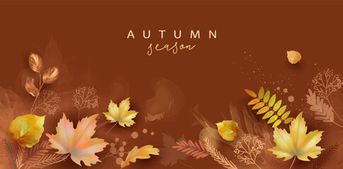 Canvas Print - Abstract autumn collage. Watercolor banner with maple leaves, paint stains and drawn plants