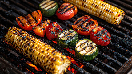 Poster - Grilled Vegetables Style: Colorful Medley Setting: Vibrant Summer BBQ Composition: A close-up of a colorful assortment of grilled vegetables