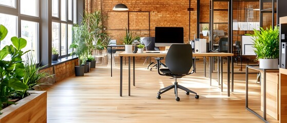 Wall Mural - Modern office interior with wooden floor and brick wall.