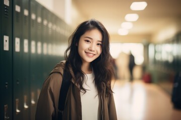 Portrait of a smiling female high school student in hallway