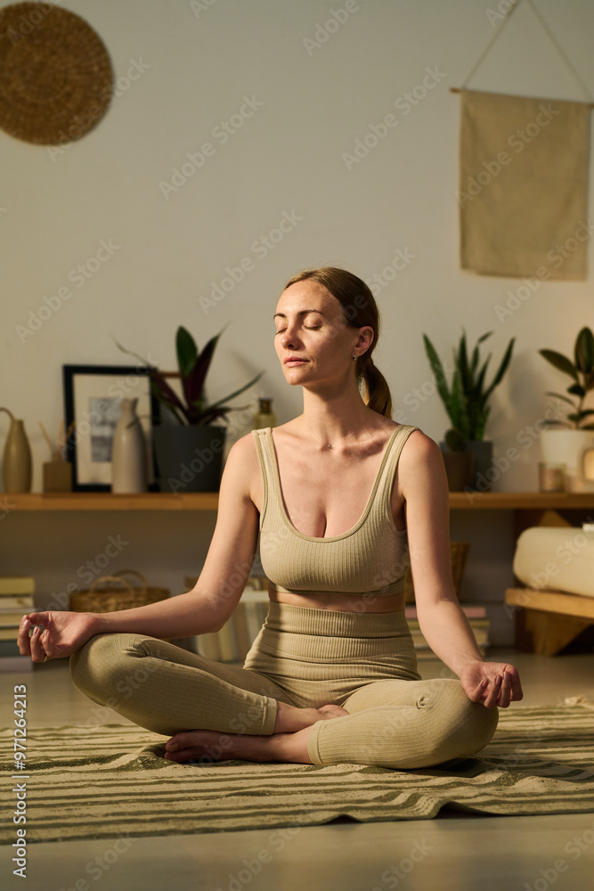 Young modern woman with closed eyes and crossed legs sitting on the ...