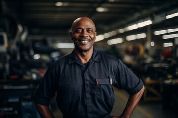 Wall Mural - Portrait of a smiling middle aged African American mechanic in workshop