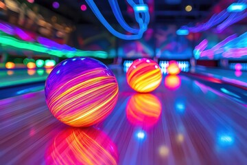 Wall Mural - Neon-colored bowling balls captured in motion on a glossy wooden lane, emphasizing the energy of the game.